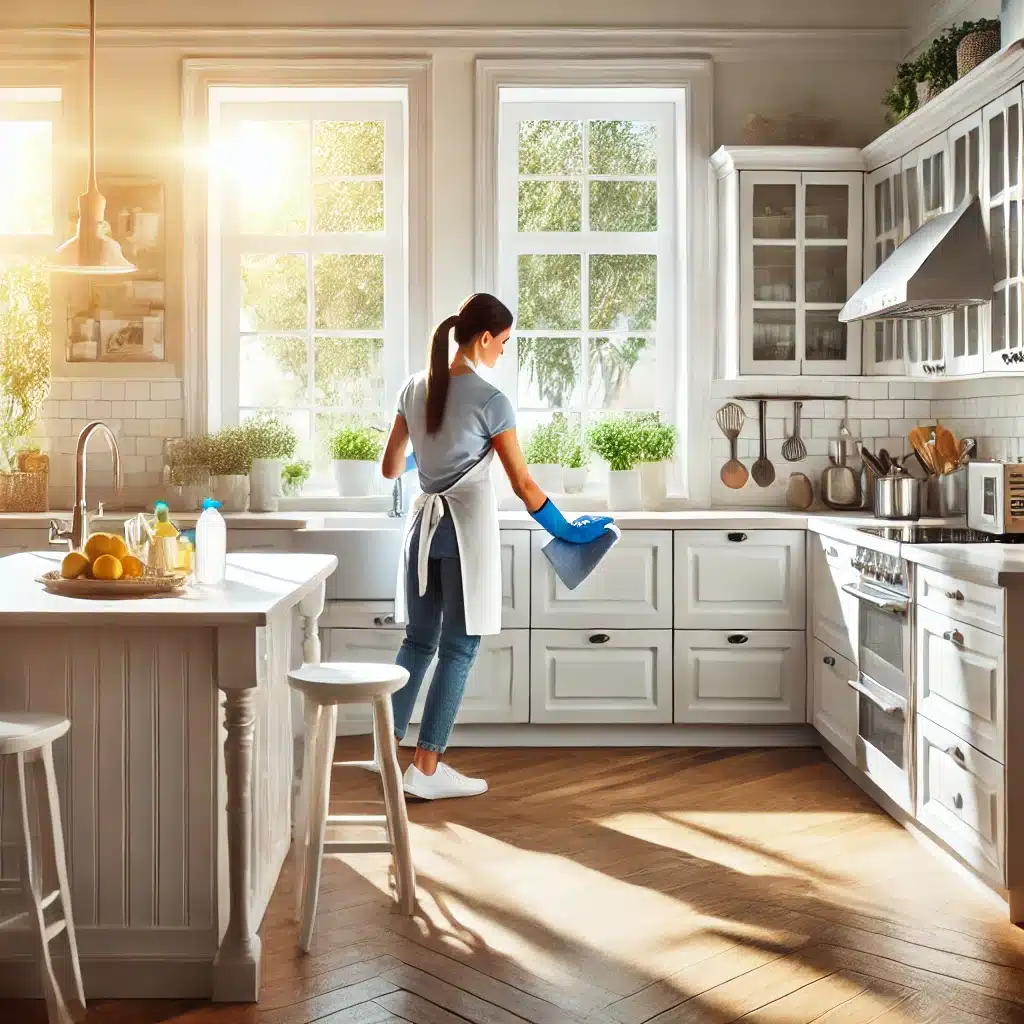 Woman cleaning modern kitchen with sunlight streaming