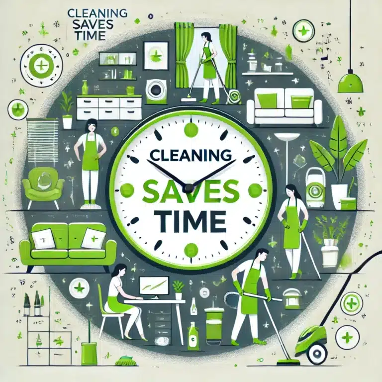 Illustration: Cleaning saves time, activities around a clock.