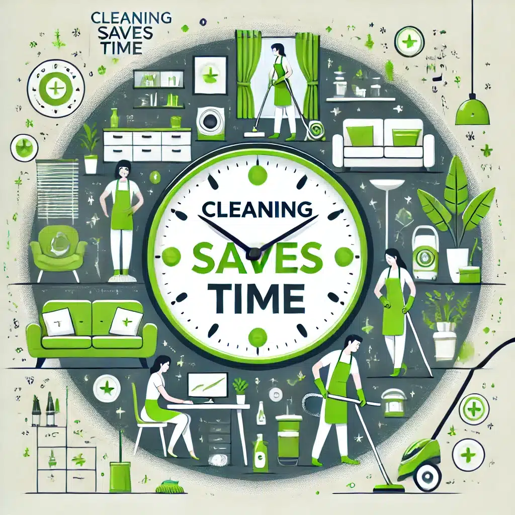 Illustration: Cleaning saves time, activities around a clock.