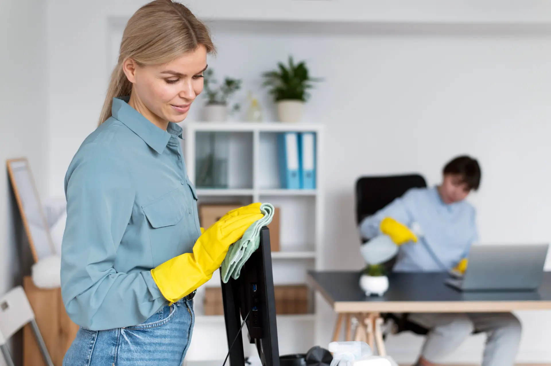 Two people cleaning an office space