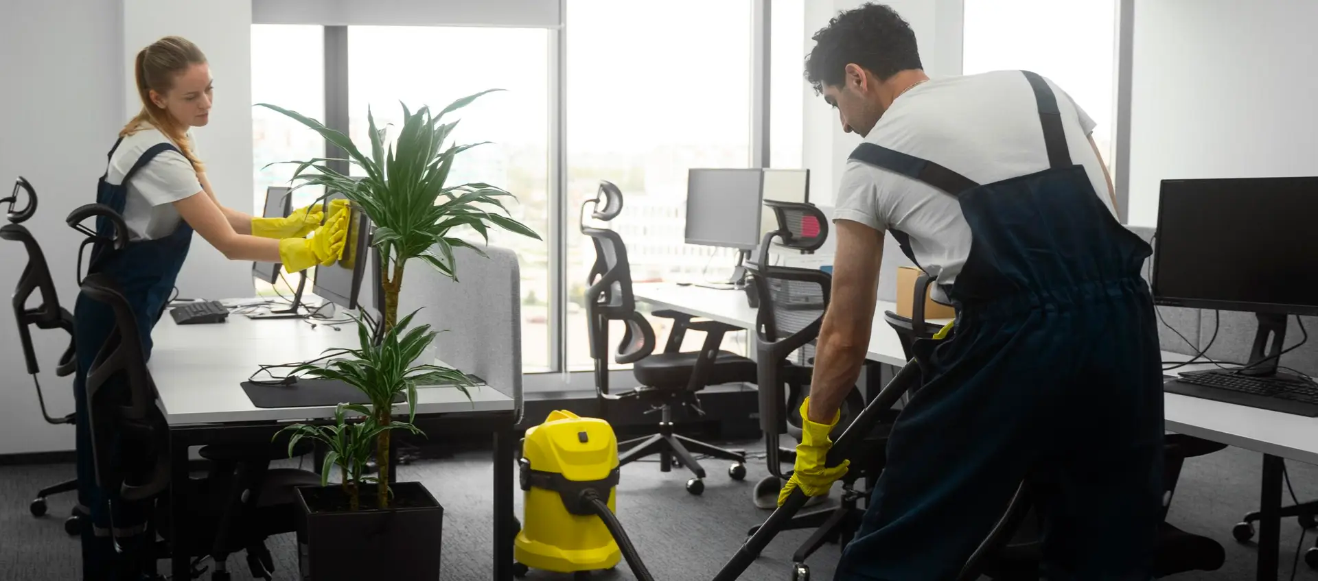 Office cleaners vacuum and wipe desks.