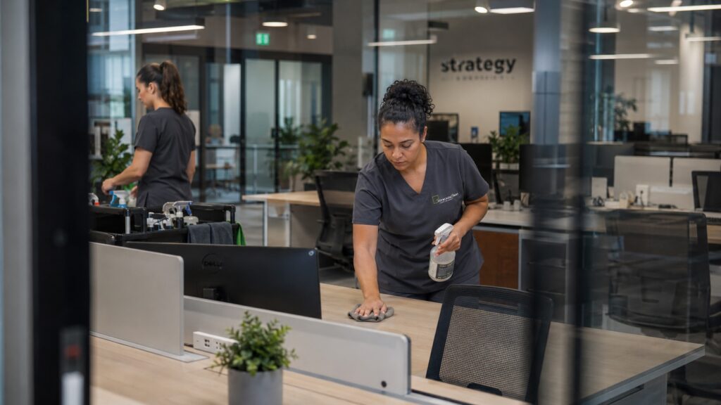 AbracadaClean commercial cleaning team cleaning workstations in a modern Florida office.