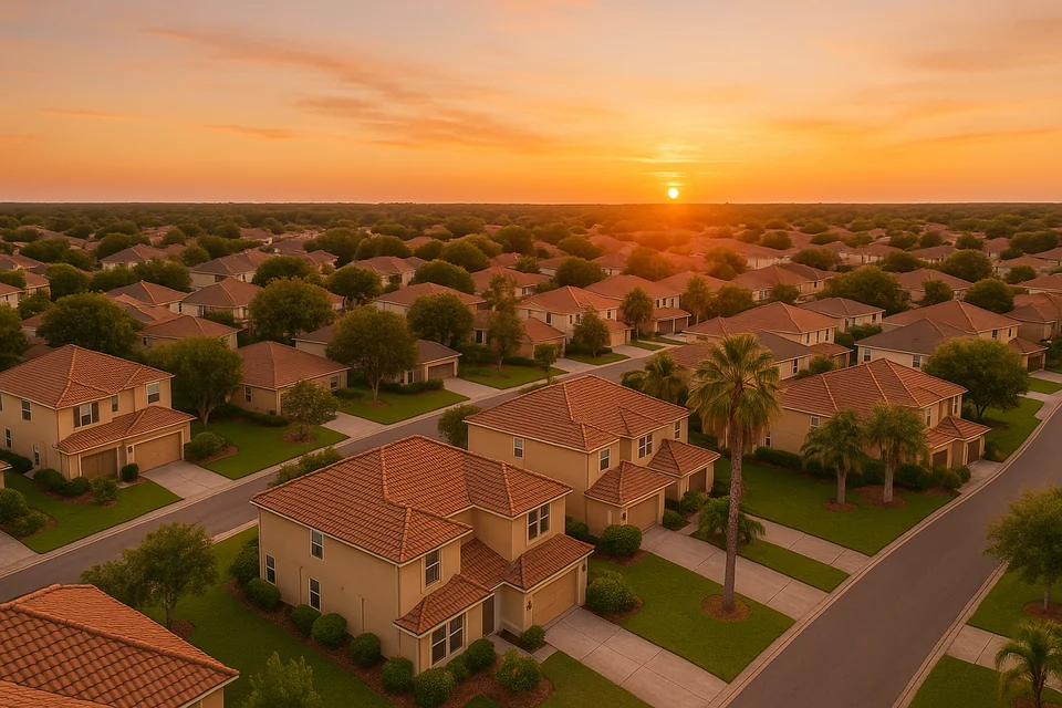 Aerial view of Florida suburban neighborhood at golden sunset