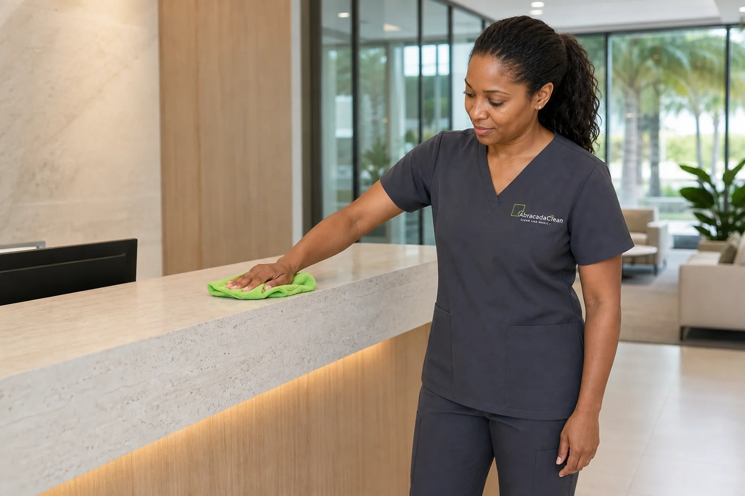 AbracadaClean employee wiping modern office reception desk