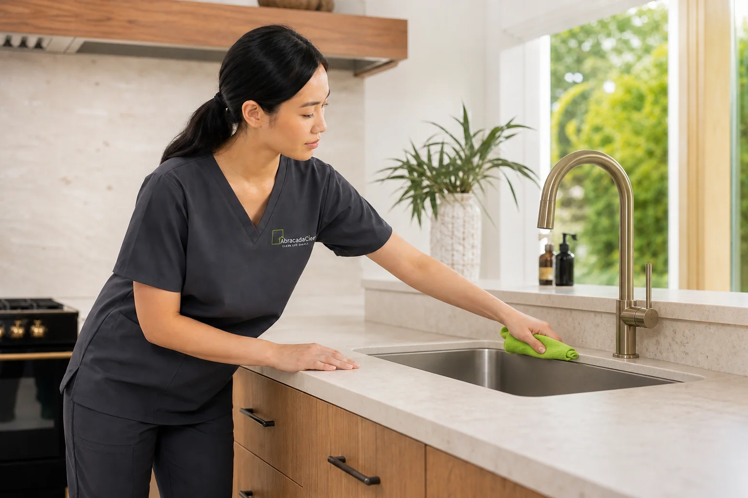 AbracadaClean professional cleaner wiping modern kitchen countertop