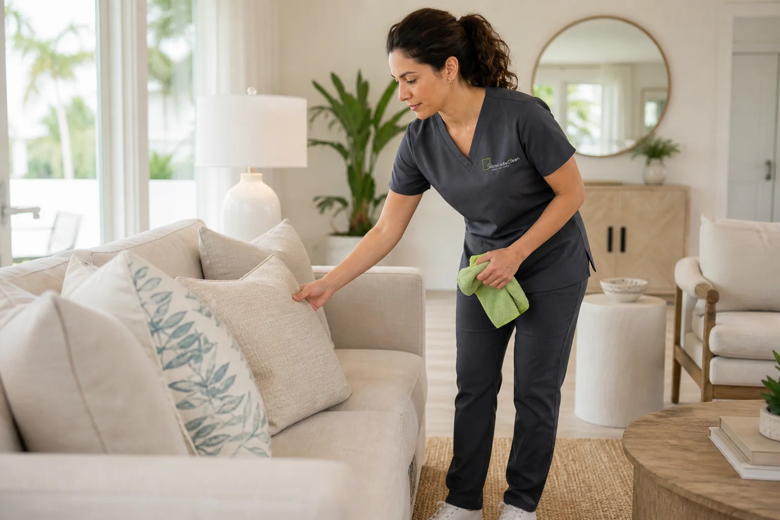 Professional cleaner arranging sofa cushions in bright living room