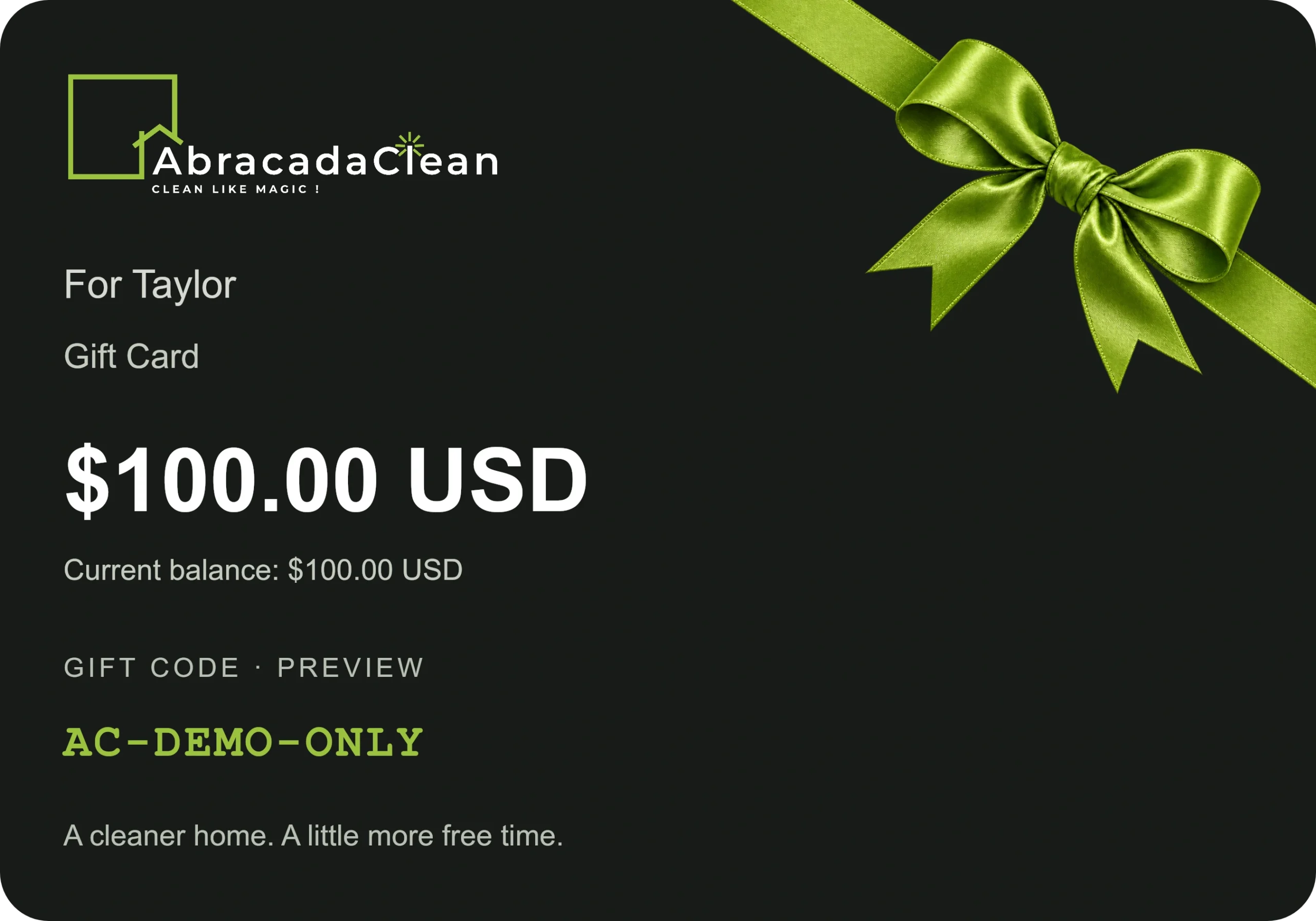 AbracadaClean $100 USD gift card for Taylor