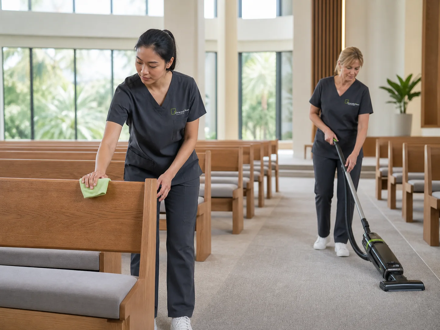 Two cleaning staff tidying a modern church interior
