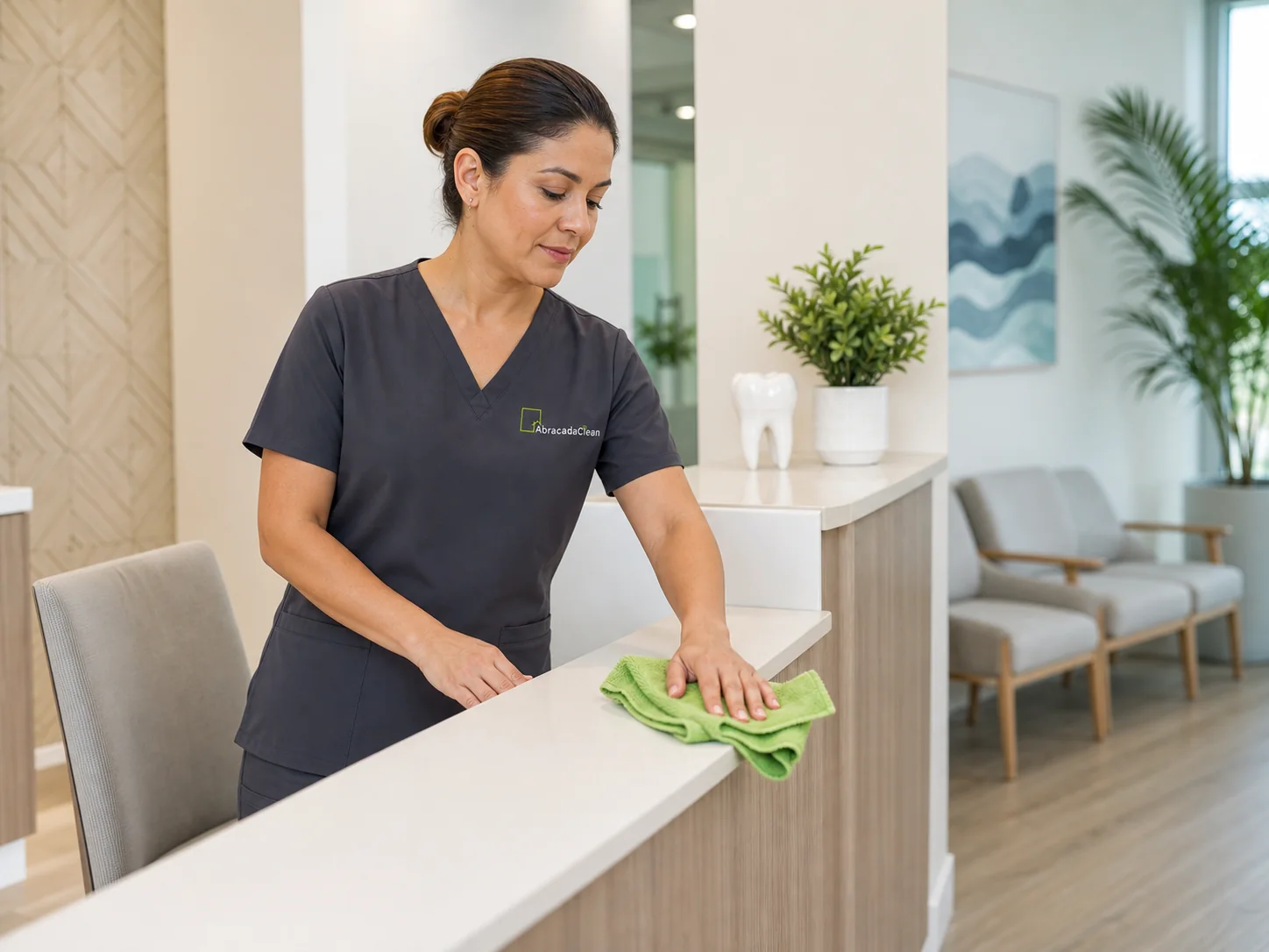 AbracadaClean staff wiping dental office reception counter