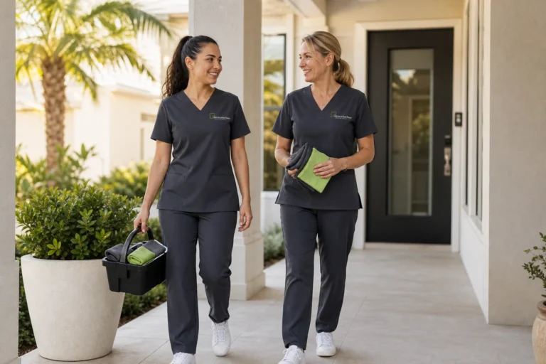 Two AbracadaClean uniformed staff walking toward home entrance