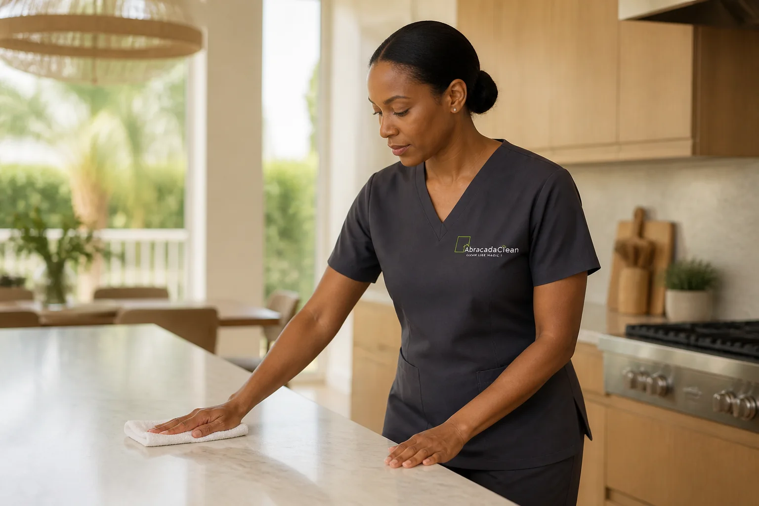 AbracadaClean professional cleaner wiping kitchen countertop