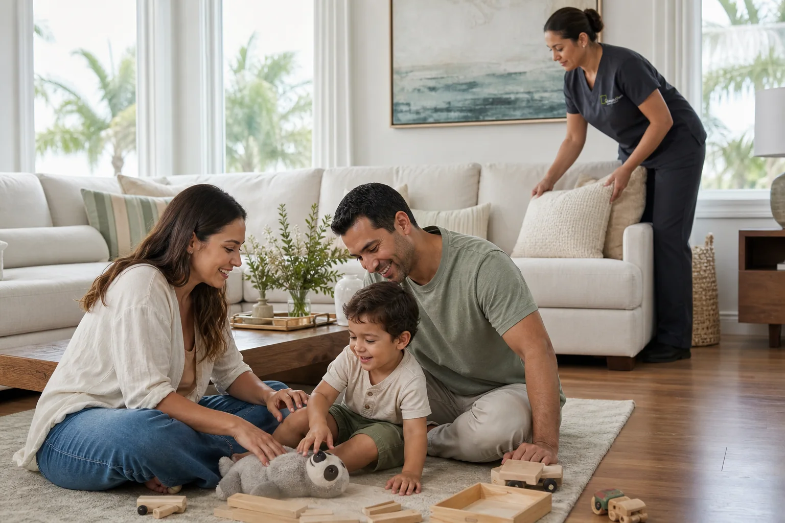 Family playing with toddler while housekeeper cleans living room
